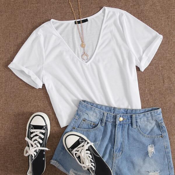 

V Neck Solid Crop Tee, White