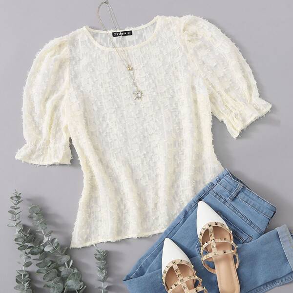 

Ruffle Cuff Swiss Dot Top, Beige