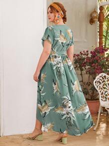 SHEIN 大碼交叉領不對稱下擺腰帶熱帶洋裝 - 薄荷綠 - 查看 2