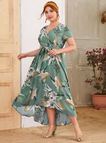 SHEIN 大碼交叉領不對稱下擺腰帶熱帶洋裝 - 薄荷綠 - 查看 5