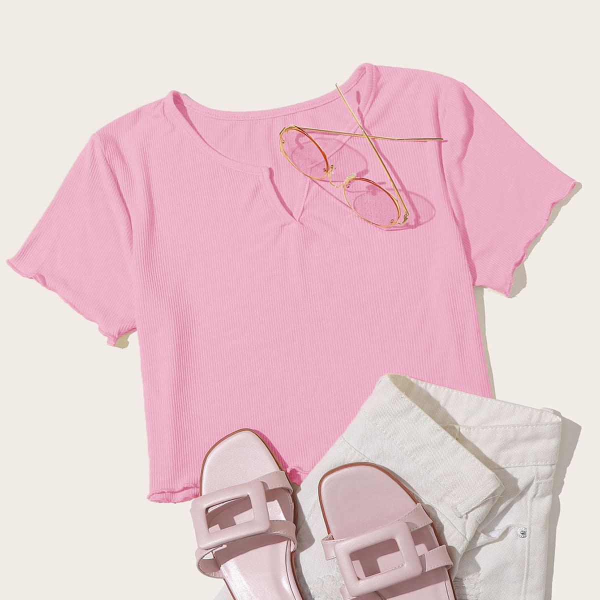 

Notched Neck Crop Top, Pink