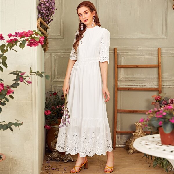 

Mock Neck Eyelet Embroidery Scallop Dress, White