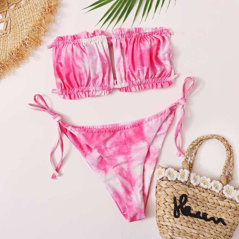 

Tie Dye Ruched Bandeau Tie Side Bikini Swimsuit, Pink
