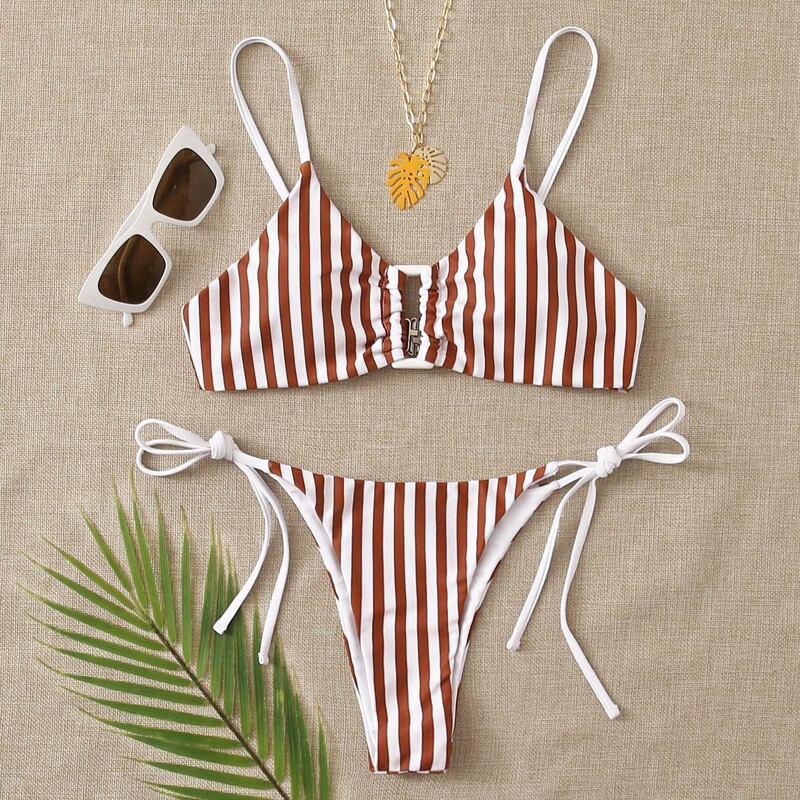 

Striped Tie Side Bikini Swimsuit, Red