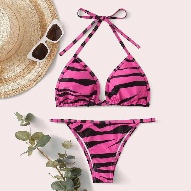 

Zebra Stripe Triangle Tanga Bikini Swimsuit, Pink
