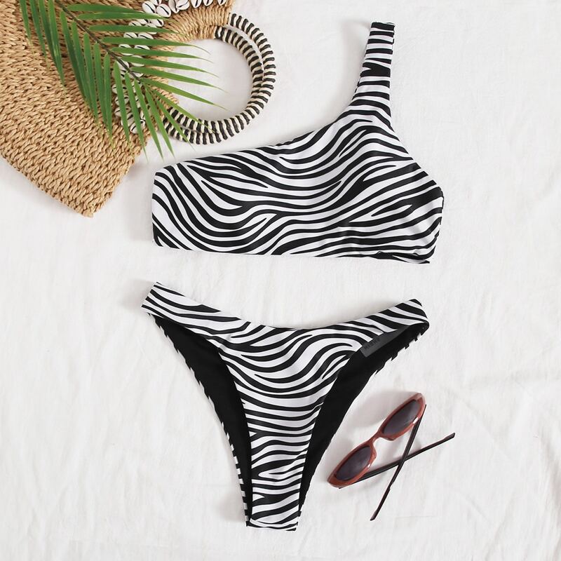 

Zebra Stripe One Shoulder Bikini Swimsuit, Black and white