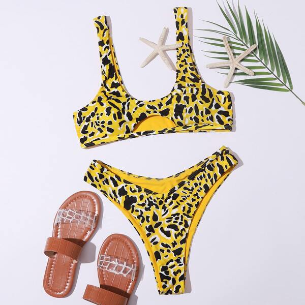 

Allover Print Rib High Leg Bikini Swimsuit, Multicolor