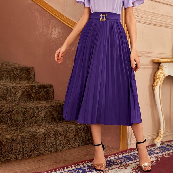 

Buckle Belted Pleated Skirt, Purple