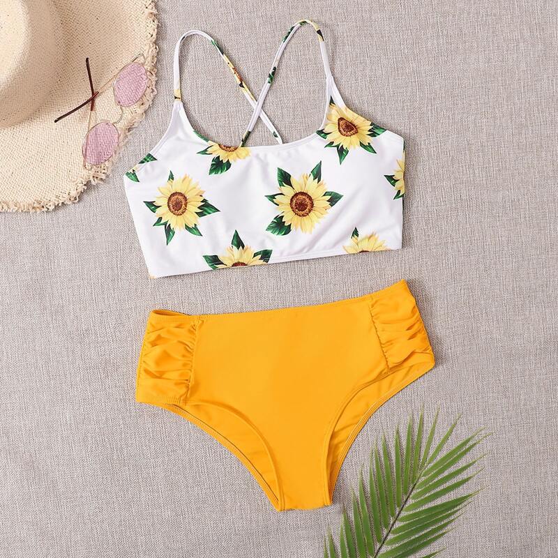 

Sunflower Ruched High Waist Bikini Swimsuit, Multicolor