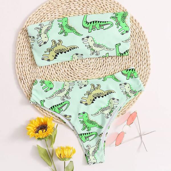 

Cartoon Dinosaur Bandeau Bikini Swimsuit, Mint green