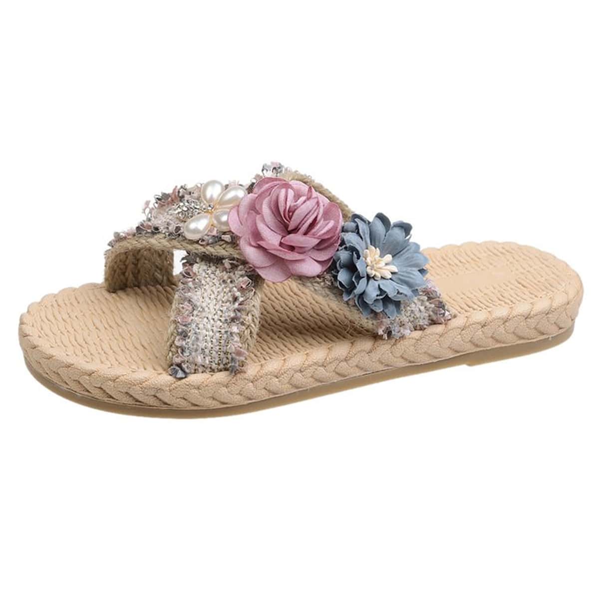 

Floral Applique Linen Slides, Multicolor