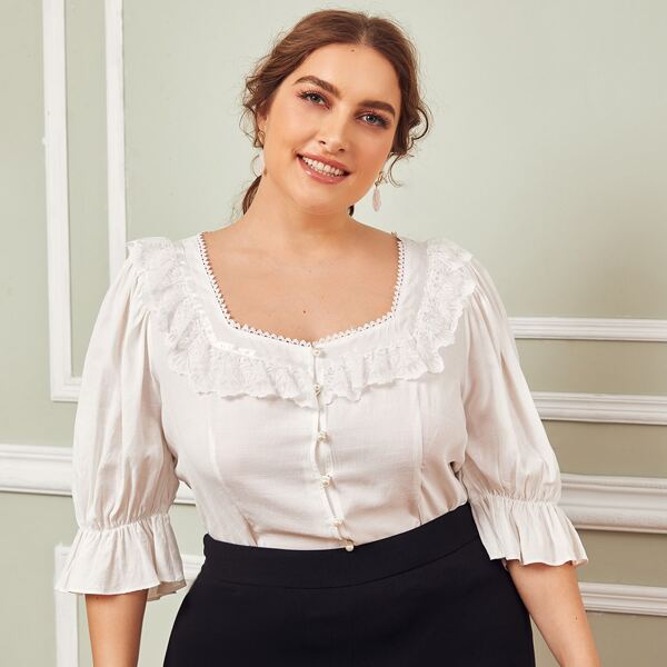 

Plus Lace Trim Flounce Sleeve Blouse, White