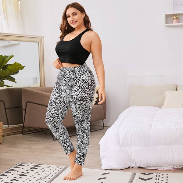 

Plus Racer Back Tank Top & Leopard Print Leggings PJ Set, Multicolor