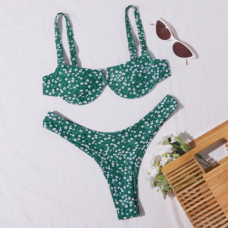 

Ditsy Floral V Wired Underwire High Leg Bikini Swimsuit, Green