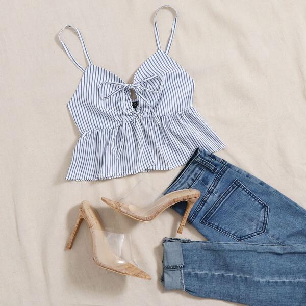 

Tie Front Ruffle Hem Striped Cami Top, Blue