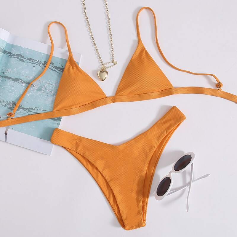

Rib Triangle High Cut Bikini Swimsuit, Orange