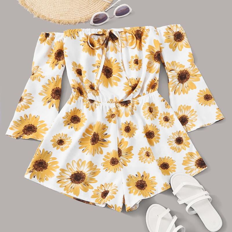 

Sunflower Print Tie Front Bardot Romper, Multicolor