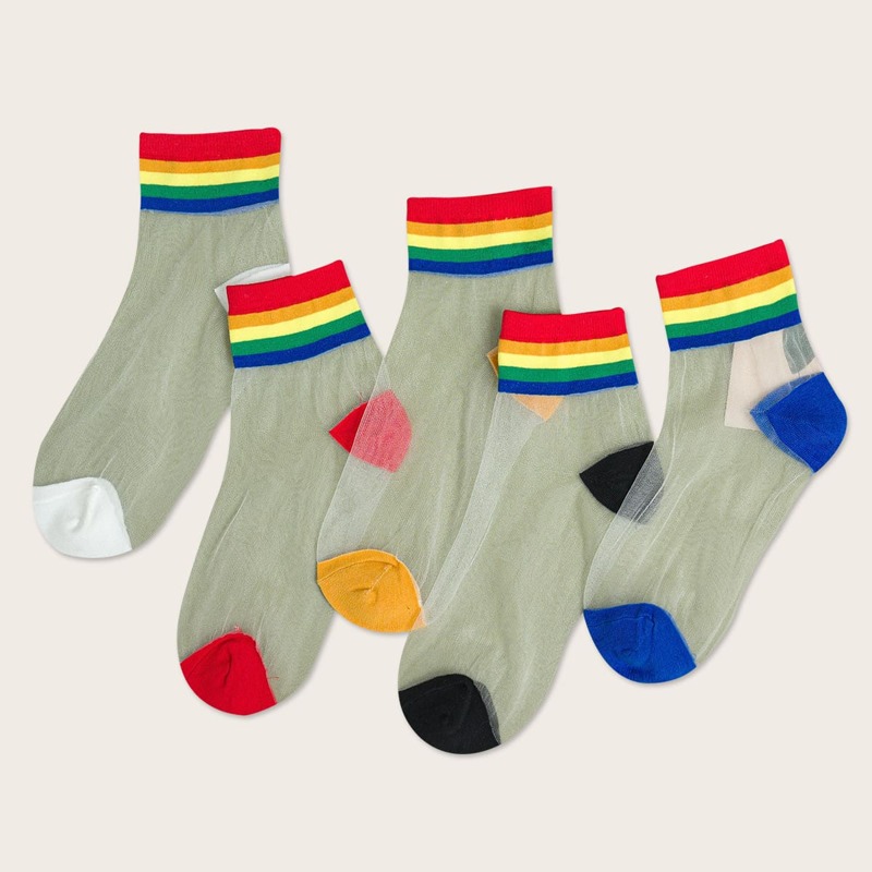 

5pairs Rainbow Striped Mesh Socks, Multicolor