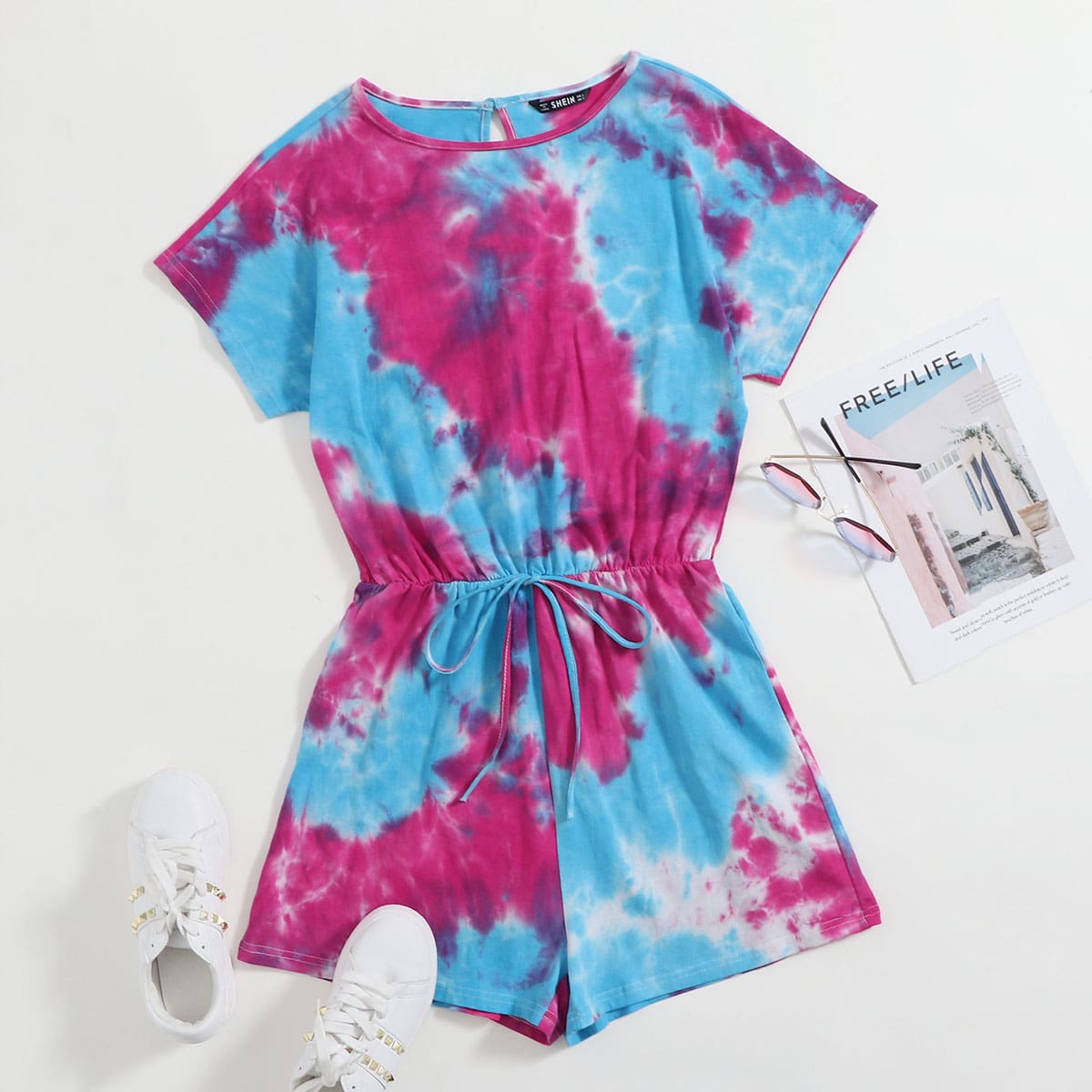 

Tie Dye Knot Waist Romper, Multicolor