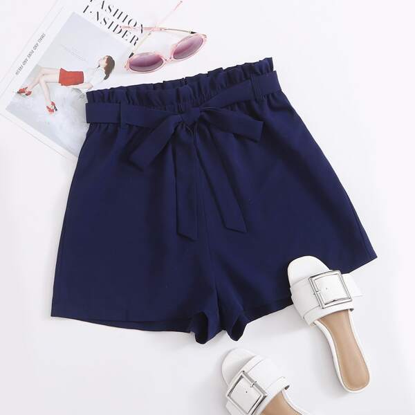 

Paperbag Waist Belted Solid Shorts, Navy blue