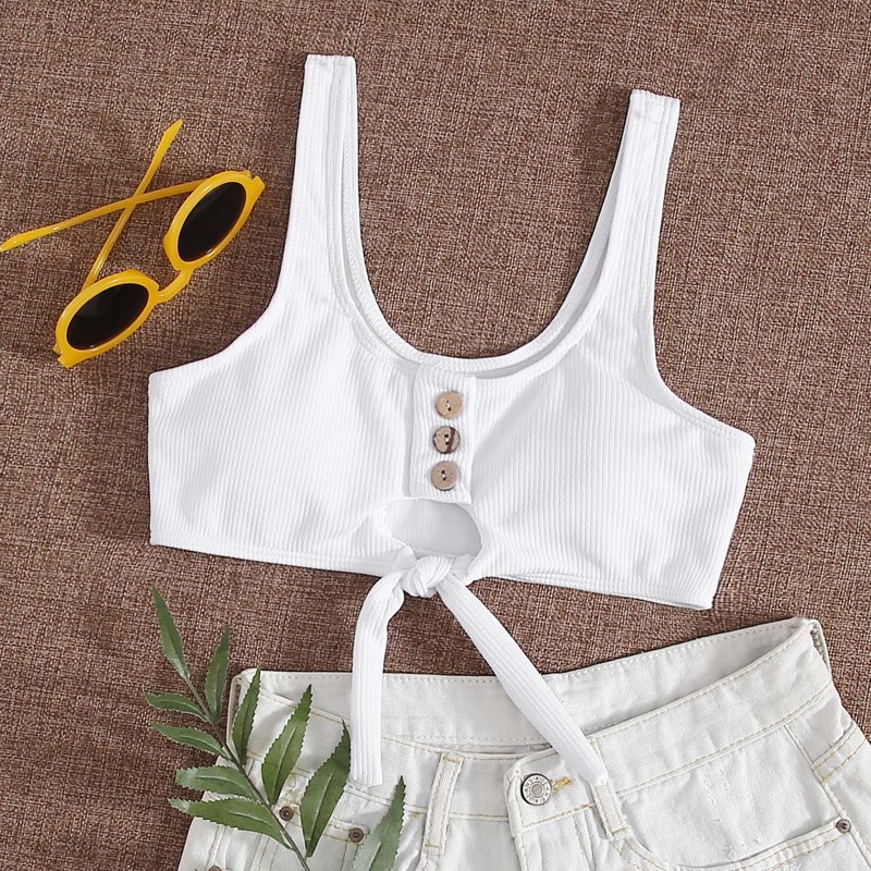 

Rib Button Front Knot Bikini Top, White
