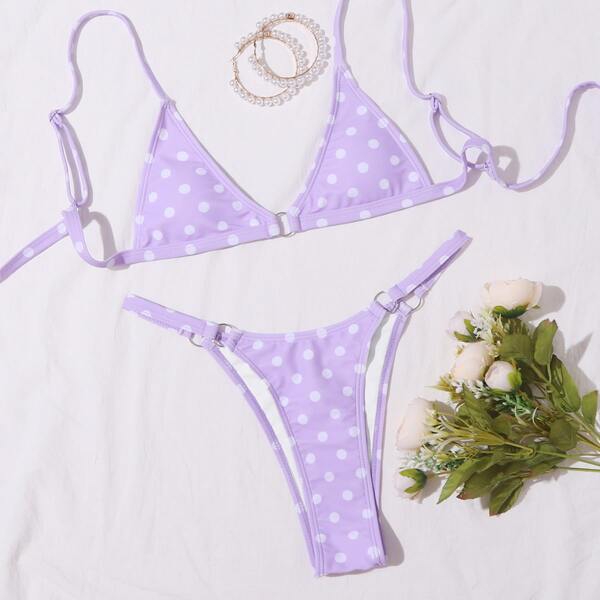 

Polka Dot Triangle High Cut Bikini Swimsuit, Lilac purple