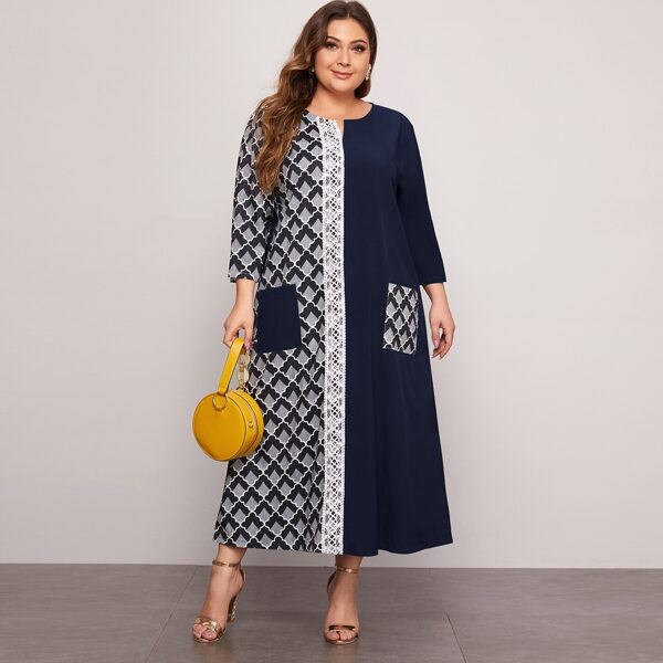 

Plus Contrast Lace Double Pocket Spliced Dress, Multicolor