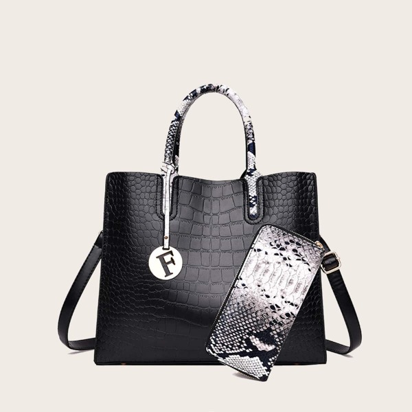 

2pcs Croc Embossed Satchel Bag With Snakeskin Purse, Black