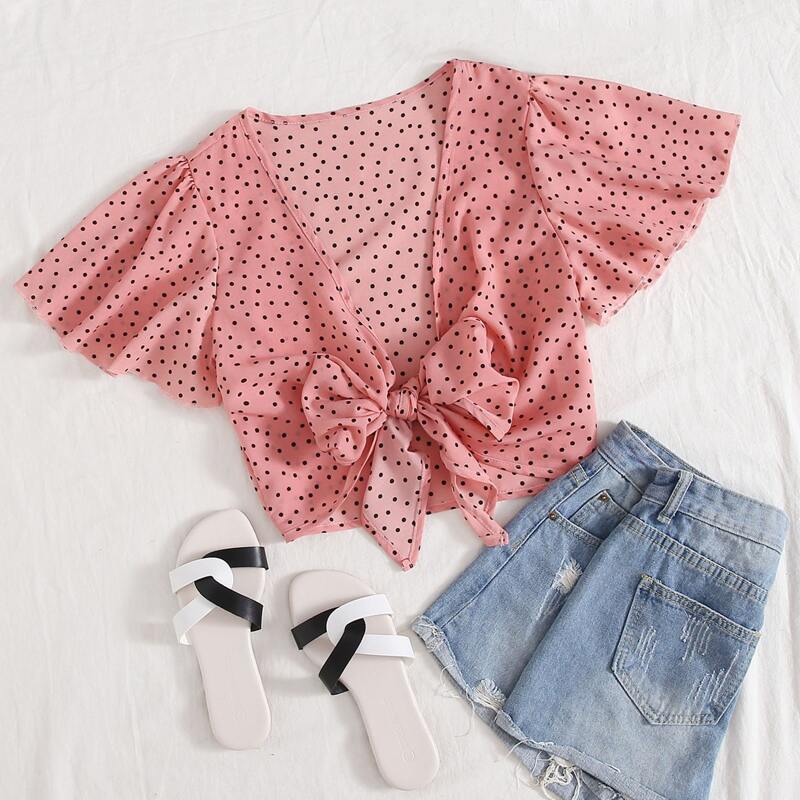 

Polka Dot Tie Front Top, Pink