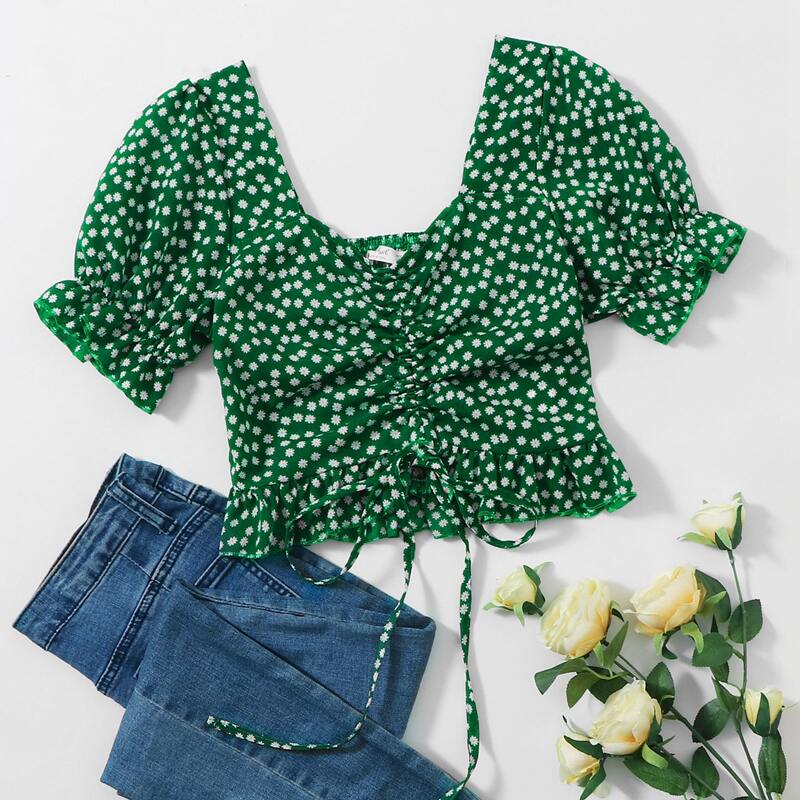 

Ditsy Floral Shirred Top, Green