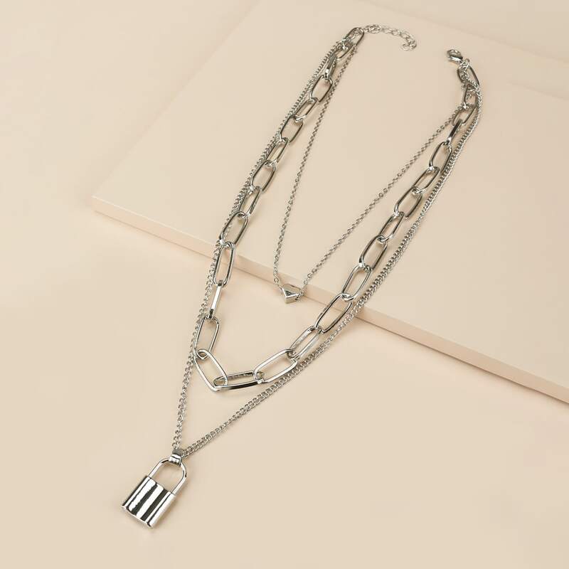Lock Layered Necklace, Silver