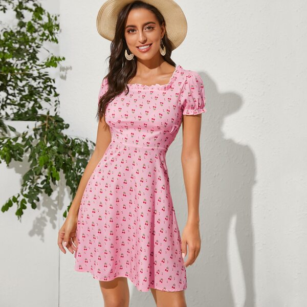 

Allover Cherry Print Frill Square Neck Dress, Pink