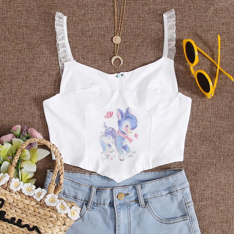 

Cartoon Graphic Frill Strap Bustier Top, White
