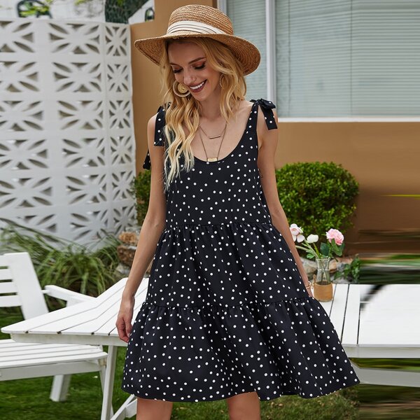 

Polka Dot Self-Tie Cami Babydoll Dress, Black