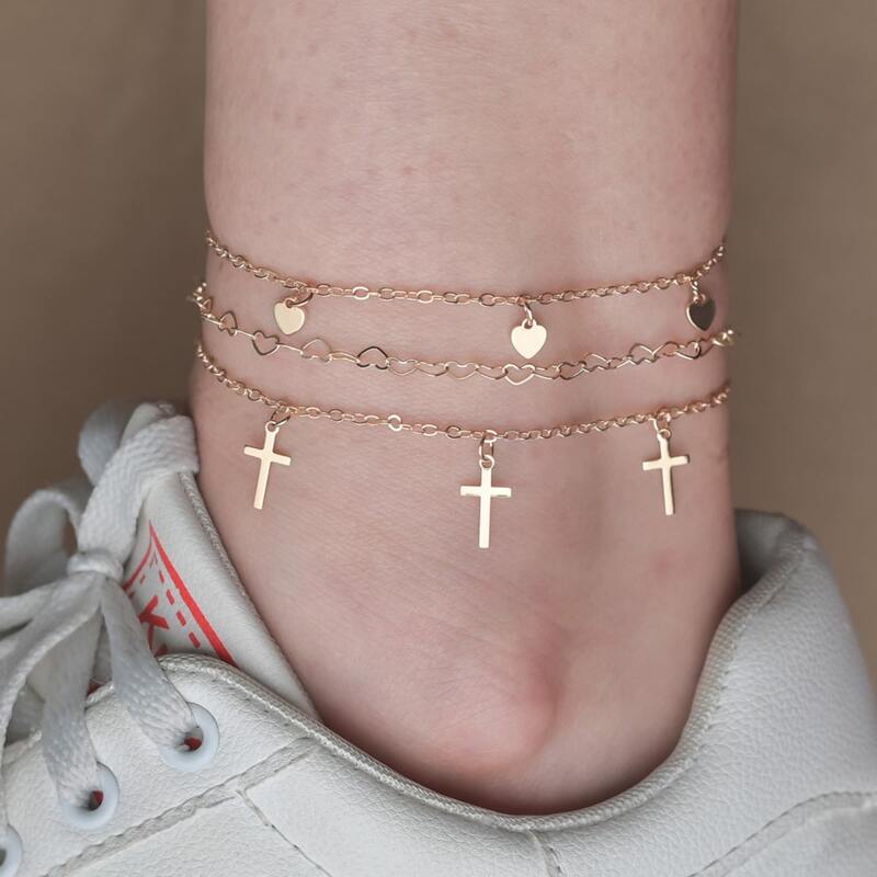 

3pcs Cross Charm Anklet, Gold