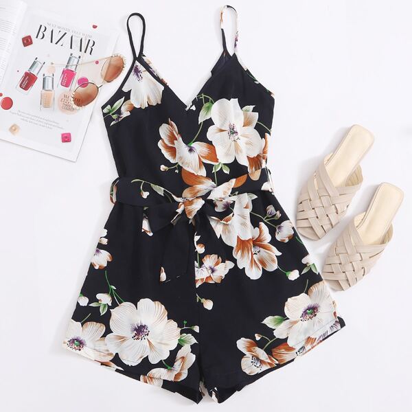 

Floral Print Belted Cami Romper, Navy blue