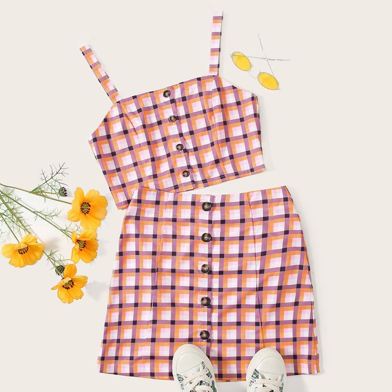 

Plaid Cami & Button Front Skirt, Multicolor