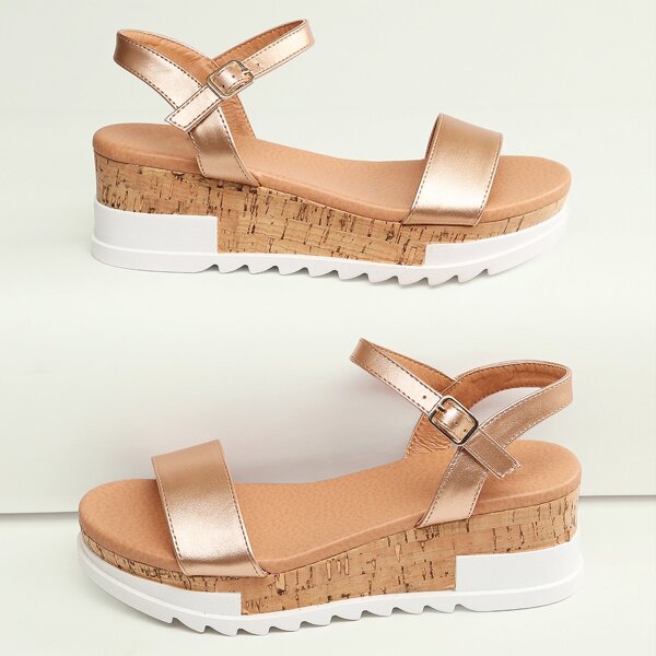 

Metallic Open Toe Ankle Strap Flatform Sandals, Champagne