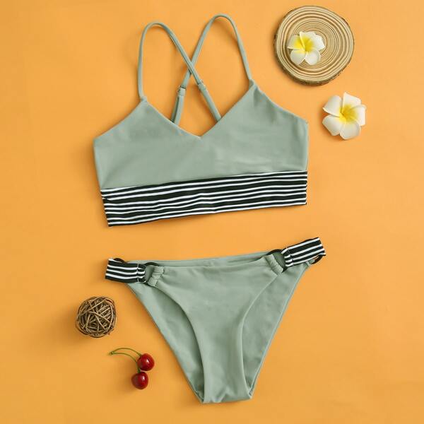 

Girls Striped Trim Ring Linked Bikini Swimsuit, Cadet blue