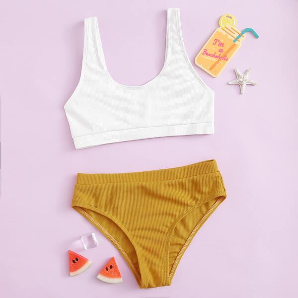 

Girls Two Tone Rib Bikini Swimsuit, Multicolor