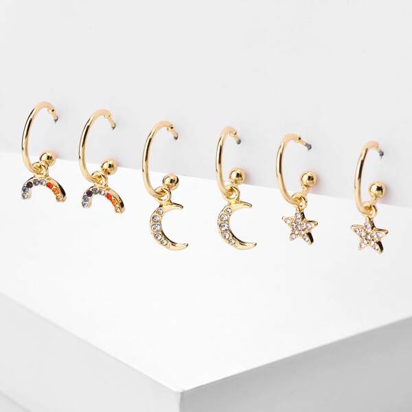 

3pairs Rhinestone Star Drop Earrings, Gold