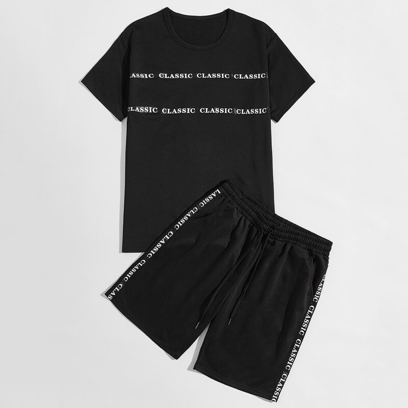 

Guys Letter Tape Panel Tee & Drawstring Waist Track Shorts, Black