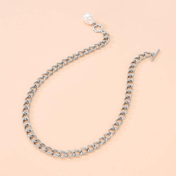 

Faux Pearl Chain Necklace, Silver