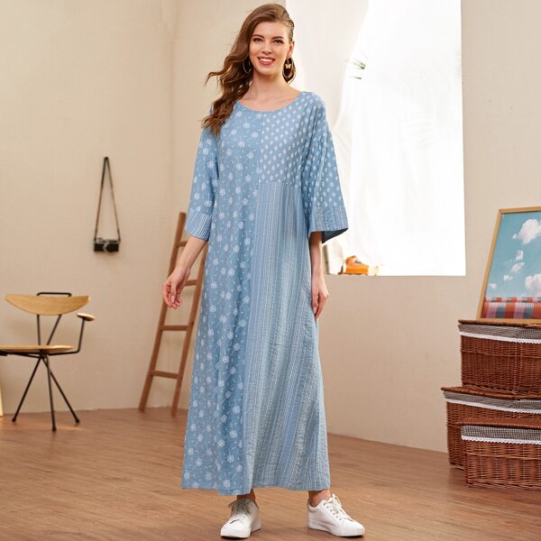 

Stripe & Plant Print Drop Shoulder Tunic Dress, Blue