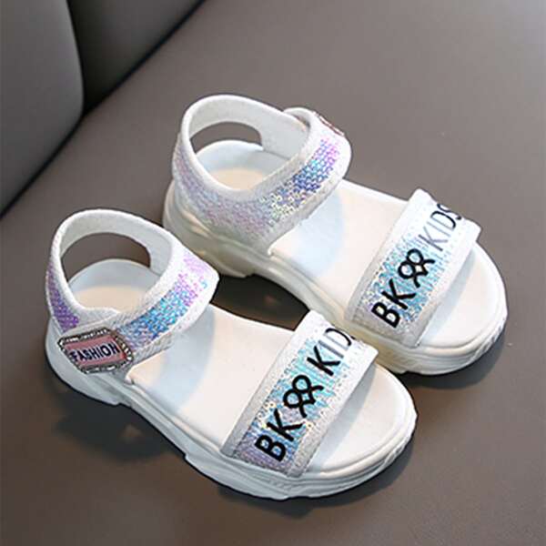 

Girls Letter Graphic Velcro Strap Sandals, White