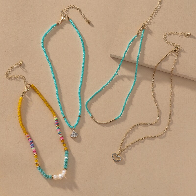 

4pcs Colorful Beaded Necklace, Multicolor