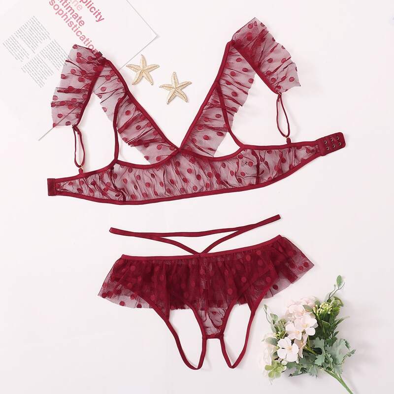 

Dobby Mesh Crotchless Lingerie Set, Burgundy