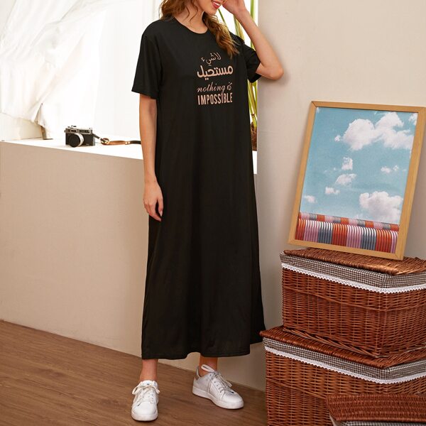 

Slogan Graphic Round Neck Tee Dress, Black