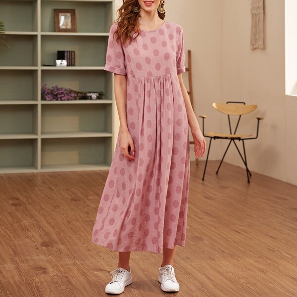 

Polka Dot Roll Up Sleeve Smock Dress, Pink
