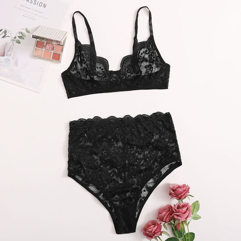 

Floral Lace Scallop Trim Lingerie Set, Black